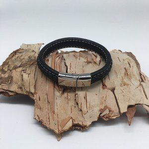 Men’s Black Leather Bracelet with Stitching and Sliding Stainless Steel …